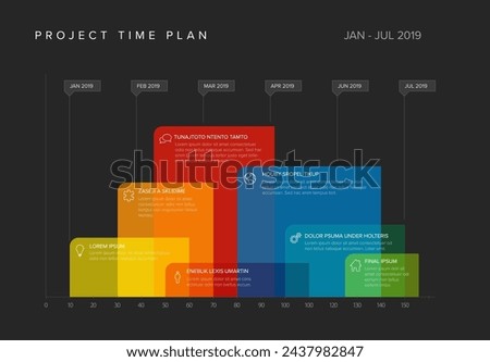 Project time line gantt schema template with big color block for each process on timeline. Diagram for project management planning with sample texts and icons