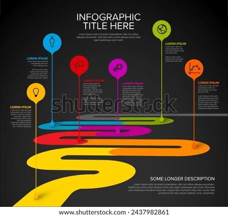 Colorful vector infographic timeline report template with six circle droplet bubbles pins on simple curved road timeline - dark version with six pins title and infographic description
