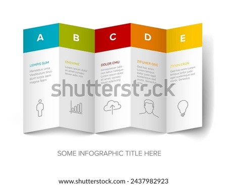 Five vector block steps options items template with descriptions, big letters on white folded paper. Five fresh color horizontal folded paper stripe steps in sequence with tasks descriptions, icons