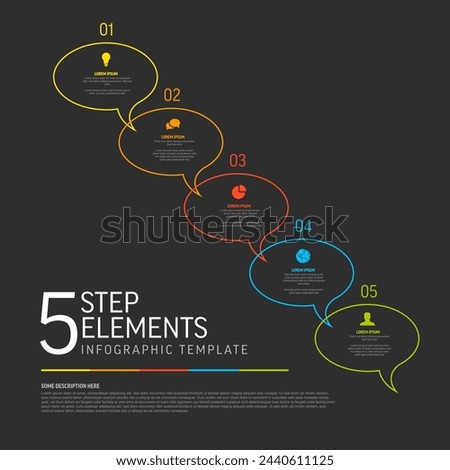 Progress process diagonal schema diagram infographic template made of five round thin line speech bubbles with short title description and icon on a dark background. 