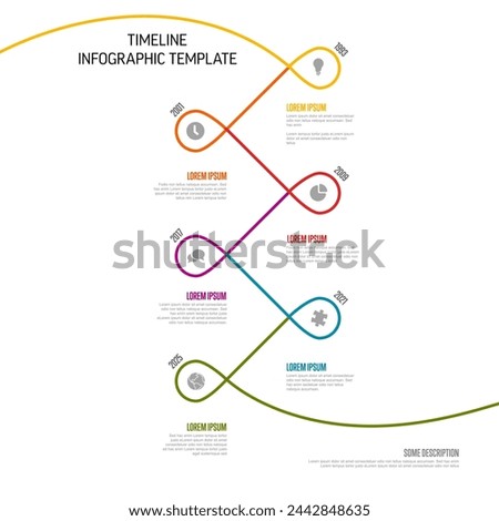 Vector Infographic Company Milestones curved Timeline with twirl Template. Light thin twist time line template version with icons. Thin Color kink Timeline with curves, icons and text content