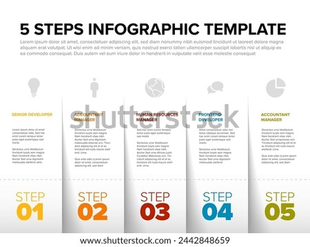 Vector Five simple slips of paper as steps progress template with descriptions and icons. Diagonal set od folded papers as four steps of procedure