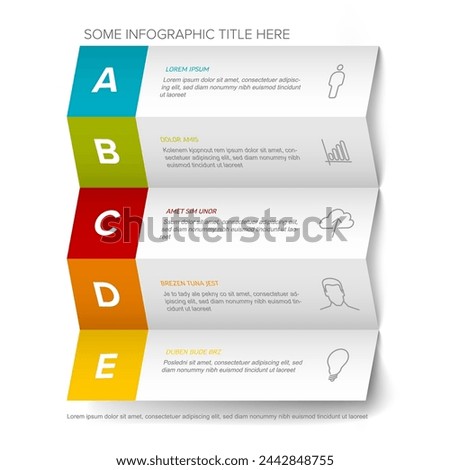 Five vector block steps options items template with descriptions, big letters on white horizontal folded paper. Five fresh color horizontal folded paper stripe steps in sequence with tasks description