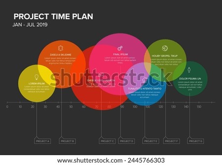 Vector project timeline graph - gantt progress chart with highlighted circle shape project tasks with icons in time color transparent block intervals descriptions and titles on dark background