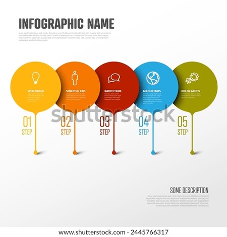 Colorful vector infographic report template with big droplet bubbles pins as steps of the process - light version with five pins and numbers on horizontal line