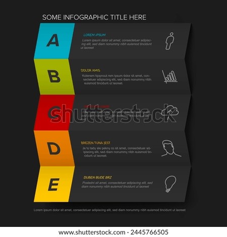 Five vector block steps options items template with descriptions, big letters on dark gray folded paper. Five fresh color horizontal folded paper stripe steps in sequence with tasks descriptions