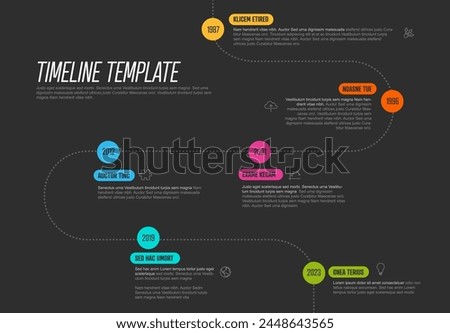 Vector Infographic Company Milestones curved Timeline Template with color circle milestones. Dark time line templat version with circles. Thin Color Timeline with curves, icons and text content