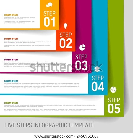 Vector Five simple slips of paper as steps progress template with descriptions and icons. Diagonal setof papers as five steps of procedure