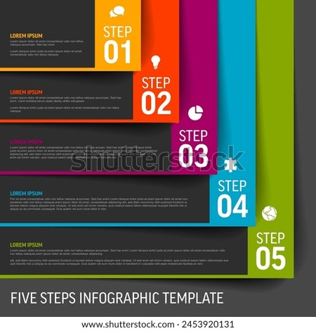 Vector Five simple slips of paper as steps progress template with descriptions and icons. Diagonal set of dark papers with color border as five steps of procedure