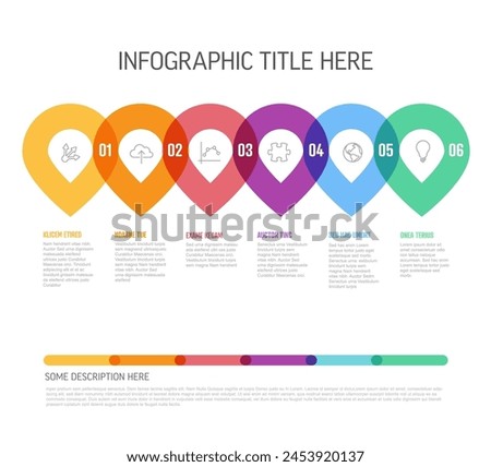 Vector process progress template diagram schema - six pins steps with numbers icons and descriptions. Vivid thick line pointers on white background