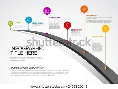 Simple minimalistic infochart infographic template with rainbow cloro droplet pointers with icons labels and short description. Multipurpose infographic template