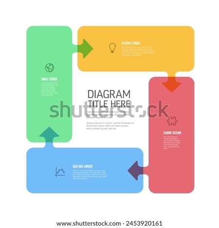 Four content solid filled rectangles with arrows in one big cycle multipurpose infographic on white background with sample content, titles ans simple icons. Cycle infochart template