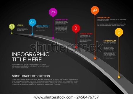 Simple minimalistic infochart infographic template with rainbow cloro droplet pointers with icons labels and short description. Multipurpose infographic template on dark background