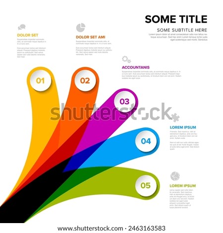 Simple multipurpose infographic rainbow color template with five different options choices each with number title icon and description