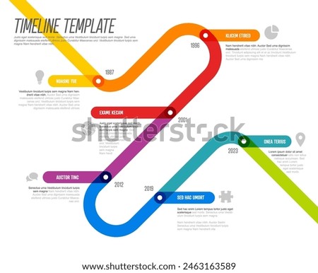 Simple timeline template made of rainbow color thick line segments. Multipurpose infochart template displaying main milestones or important stages on diagonal path.