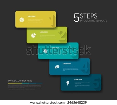 Vector dark Infographic template with rounded colorful cards in one diagonal line with big numbers icons titles and descriptions. Simple minimalistic green blue time line steps template