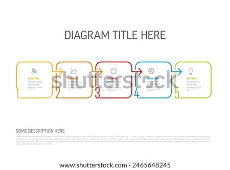 Vector process progress template diagram schema with five steps icons numbers and descriptions. color thin line squares on light background with arrows in right direction