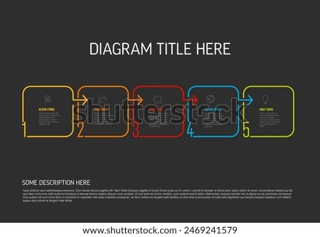 Vector process progress template diagram schema with five steps icons numbers and descriptions. color thin line squares on dark background with arrows in right direction