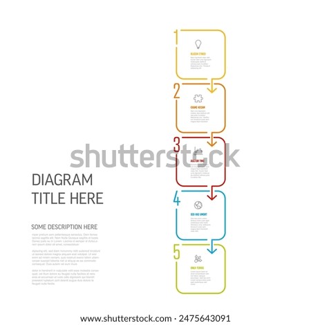 Vertical simple five steps infographic schema template made from thick frame rounded squares with icons and sample texts and big numbers on the side