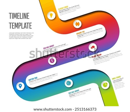 Vector Infographic Company Milestones curved Timeline Template. Light time line template with circles and icons. Thick Rainbow Timeline with curves, icons and text content