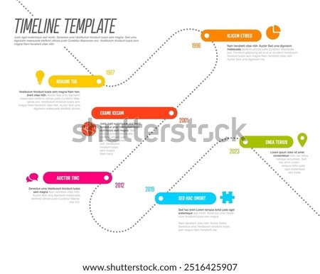 Simple timeline template made of rainbow color thick line segments on dotted time line. Multipurpose infochart template displaying main milestones or important stages on diagonal timeline path.