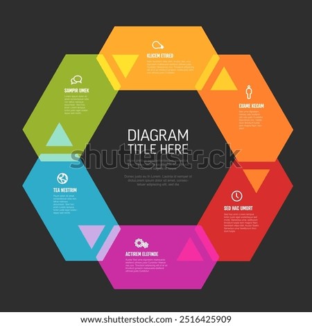 Six content hexagon shapes with arrows in one big cycle multipurpose infographic on dark background with sample content, titles ans simple icons. Cycle infochart template