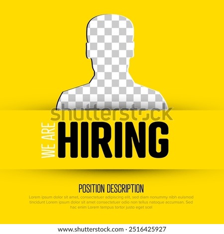 Yellow we are hiring flyer banner status template with transparent person silhouette. Minimalistic hiring poster social media status template