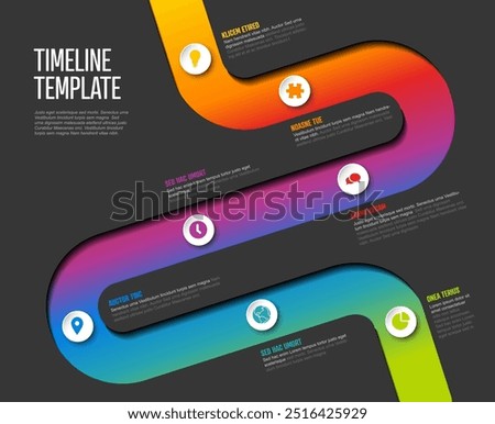 Vector Dark Infographic Company Milestones curved Timeline Template. Dark time line template with circles and icons. Thick Rainbow Timeline with curves, icons and text content