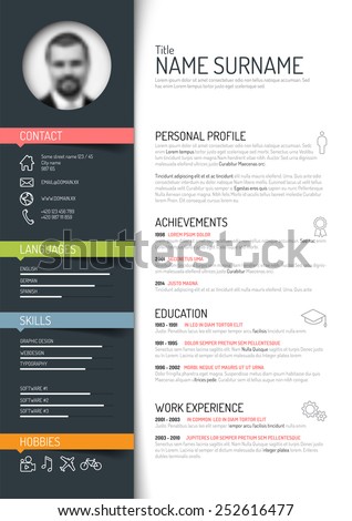 Vector minimalist cv / resume template - dark color version