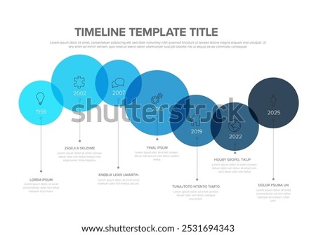 Blue infographic timeline template made from content circles with icons, years and some sample text content. Horizontal time line template