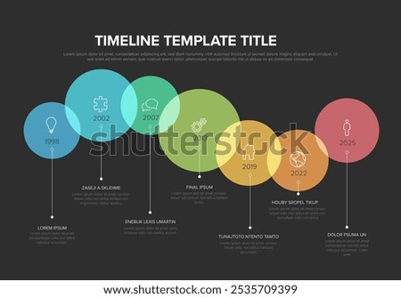 Rainbow infographic timeline template made from content circles with icons, years and some sample text content. Horizontal dark time line template