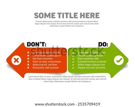 Vector template for positives and negatives do and dont's allowed and prohibited lists on big red and green arrows with sample items on white background