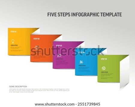 Five steps process description on folded rainbow color paper infographic template. Multipurpose infochart with five content blocks.