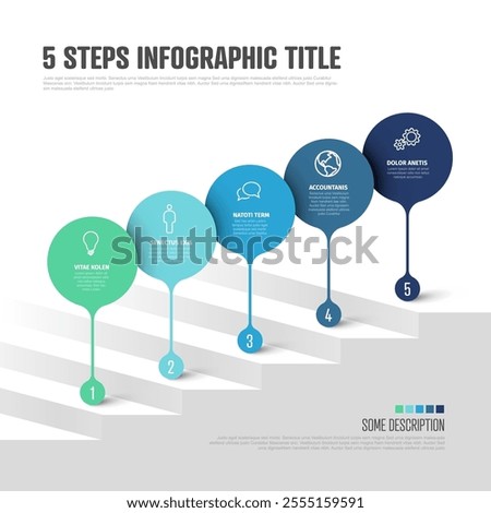 Multipurpose Simple five steps infographic template with big blue and green droplets pointers in one line on the stairs with light background