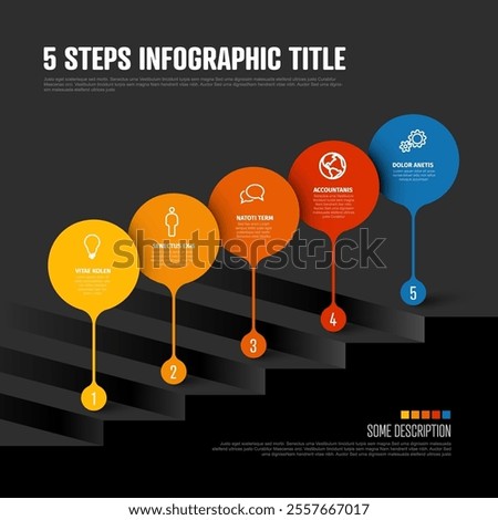 Multipurpose Simple five steps infographic template with big yellow and red droplets pointers in one line on the stairs with dark background