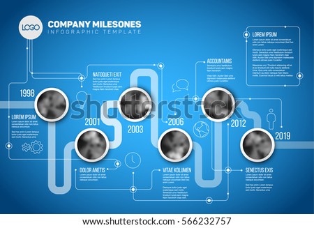 Vector Infographic Company Milestones Timeline Template with circle photo placeholders on a line - blue version