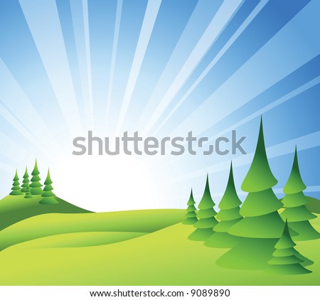 Summer landscape with green grass, trees and blue sky