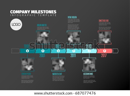 Vector Infographic Company Milestones Timeline Template with square photo placeholders on a teal time line, dark version