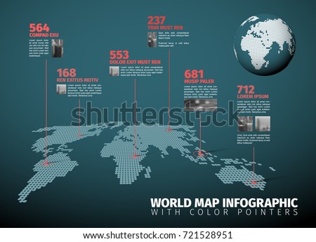 Drk teal World map infographic template with pointer marks, text content and photos