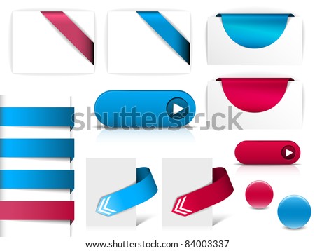 Blue and purple vector elements for web pages - buttons, navigation, pointers, arrows, badges, ribbons