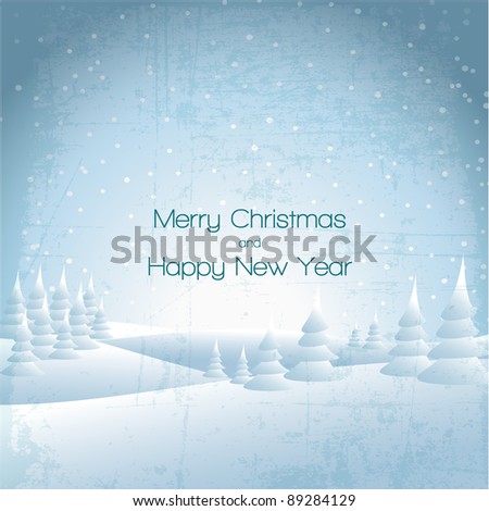 Winter card with snowy landscape and white snowflakes