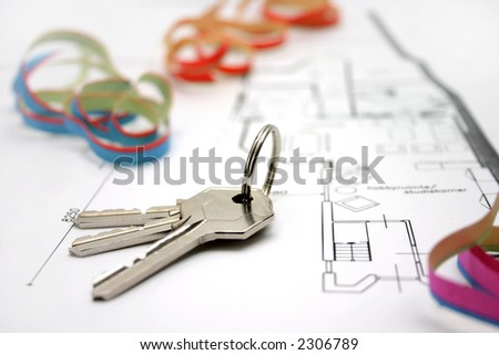 bunch of golden keys on a floor-plan or architecture-plan or house-plan