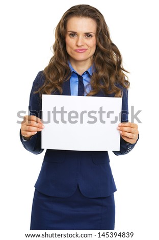 Frustrated business woman showing blank paper sheet