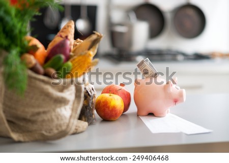 Closeup on money in piggy bank and purchases from local market on table