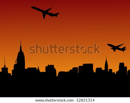 planes departing Midtown manhattan at sunset illustration