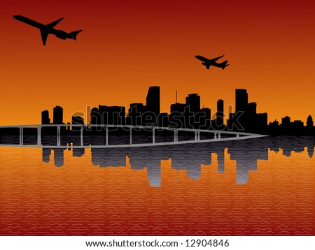 Miami skyline reflected at sunset with departing planes