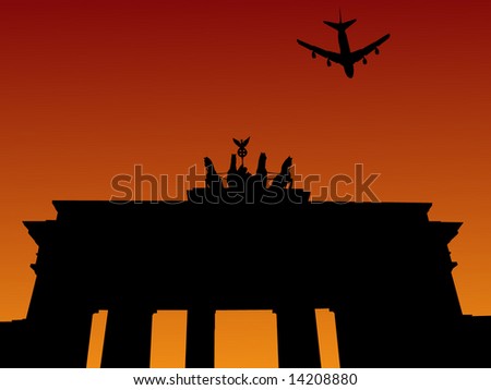 plane flying over Brandenburg gate Berlin Germany