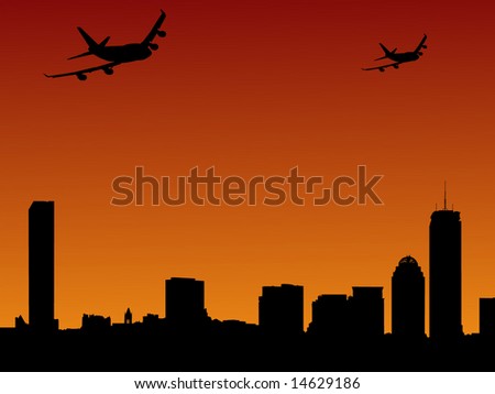 Boston skylines and two planes arriving illustration