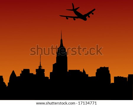 plane arriving in Manhattan at sunset illustration