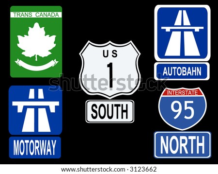 international Highway signs illustration American, Canadian, German and British